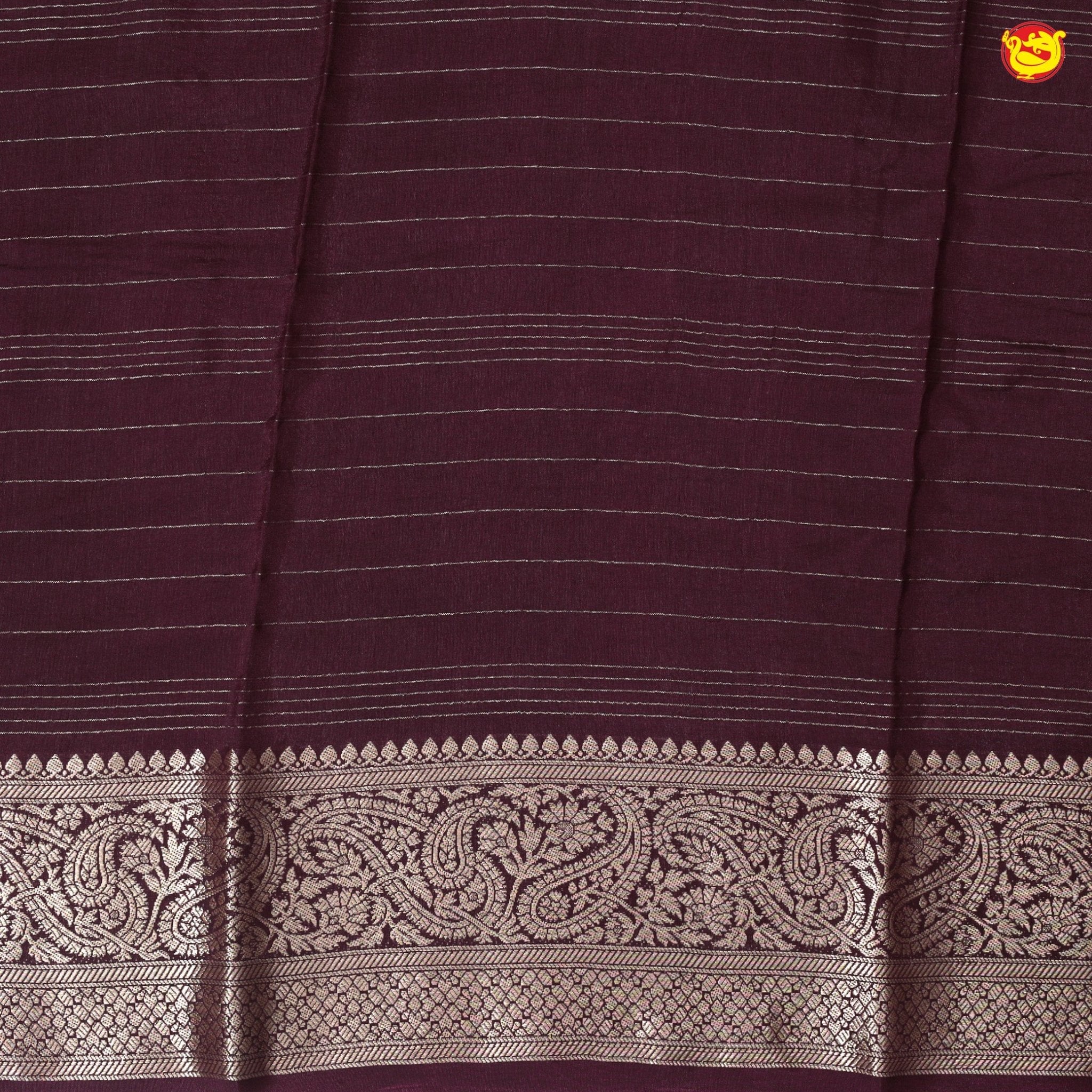 Unique Wine Pure Chanderi Silk Saree with Stripes and Digital Art Floral Motifs and Gold Zari Border - Thenianantham