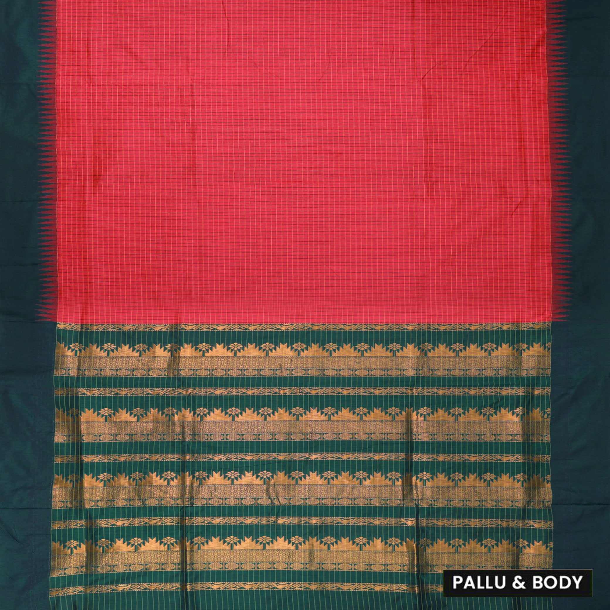vibrant reddish-pink with Dark Green Premium Quality Kalyani Cotton Saree