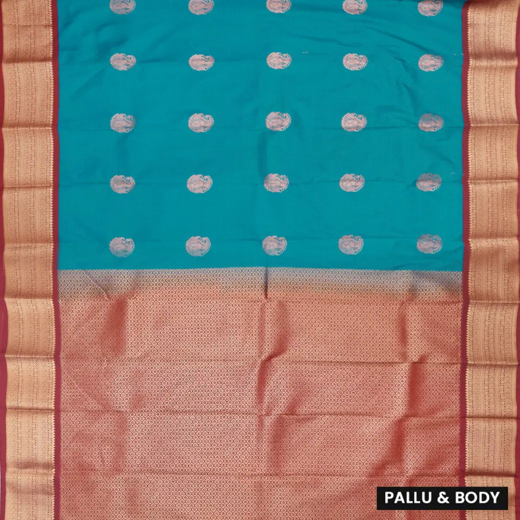Peacock blue and Red Soft Silk Saree