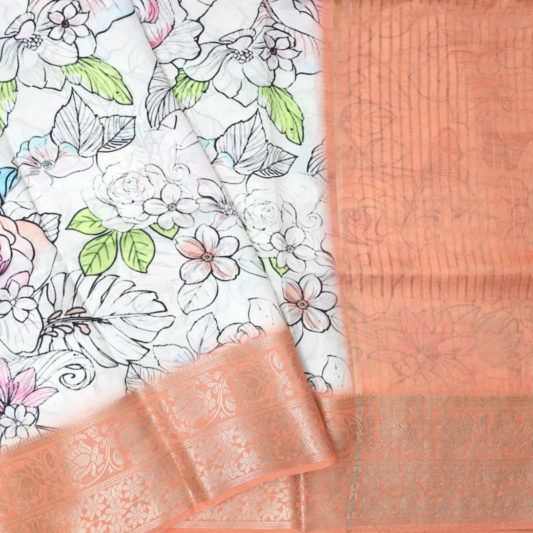White with Light Peach Floral  Design Dola Silk Saree