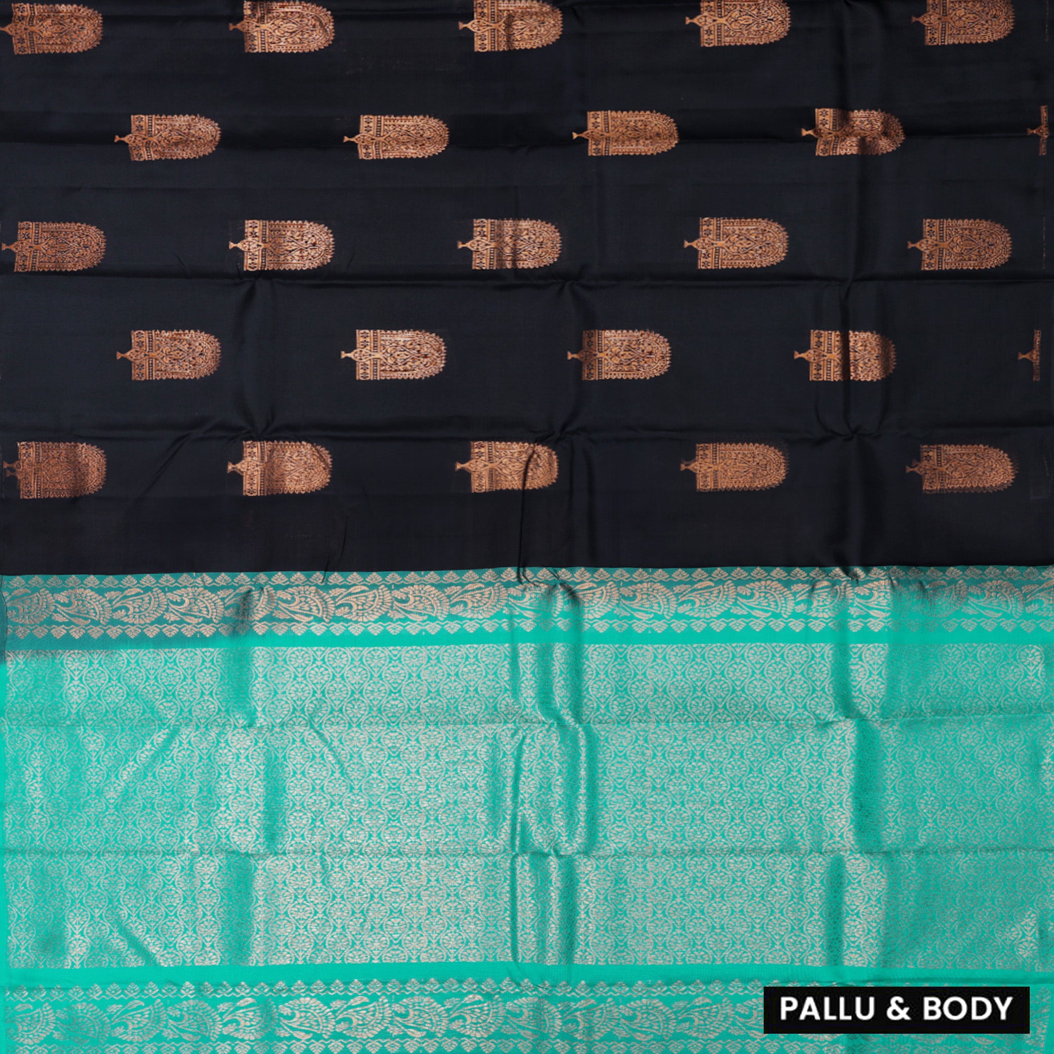 Block  With Geen  Floral Buttas Motifs Gold Zari Checked Yuvana Semi Soft Silk Saree