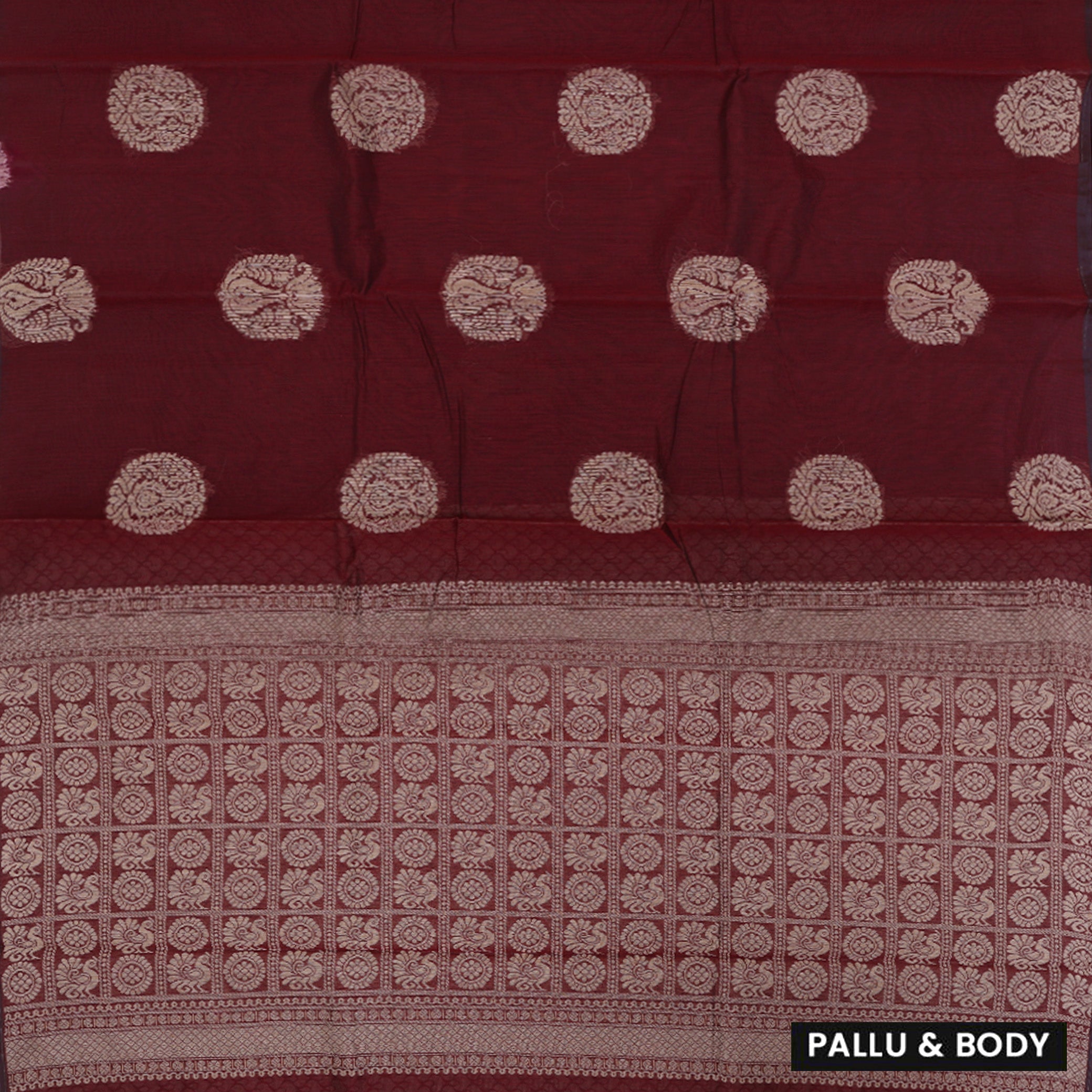 Deep Reddish-Maroon With Sandal Zari  Silk Cotton Saree