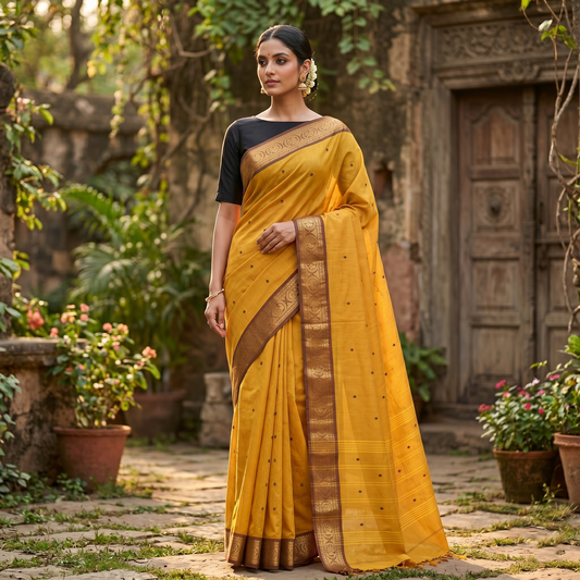Mustard Yellow With Brown Contrast Border  Pure Cotton Saree