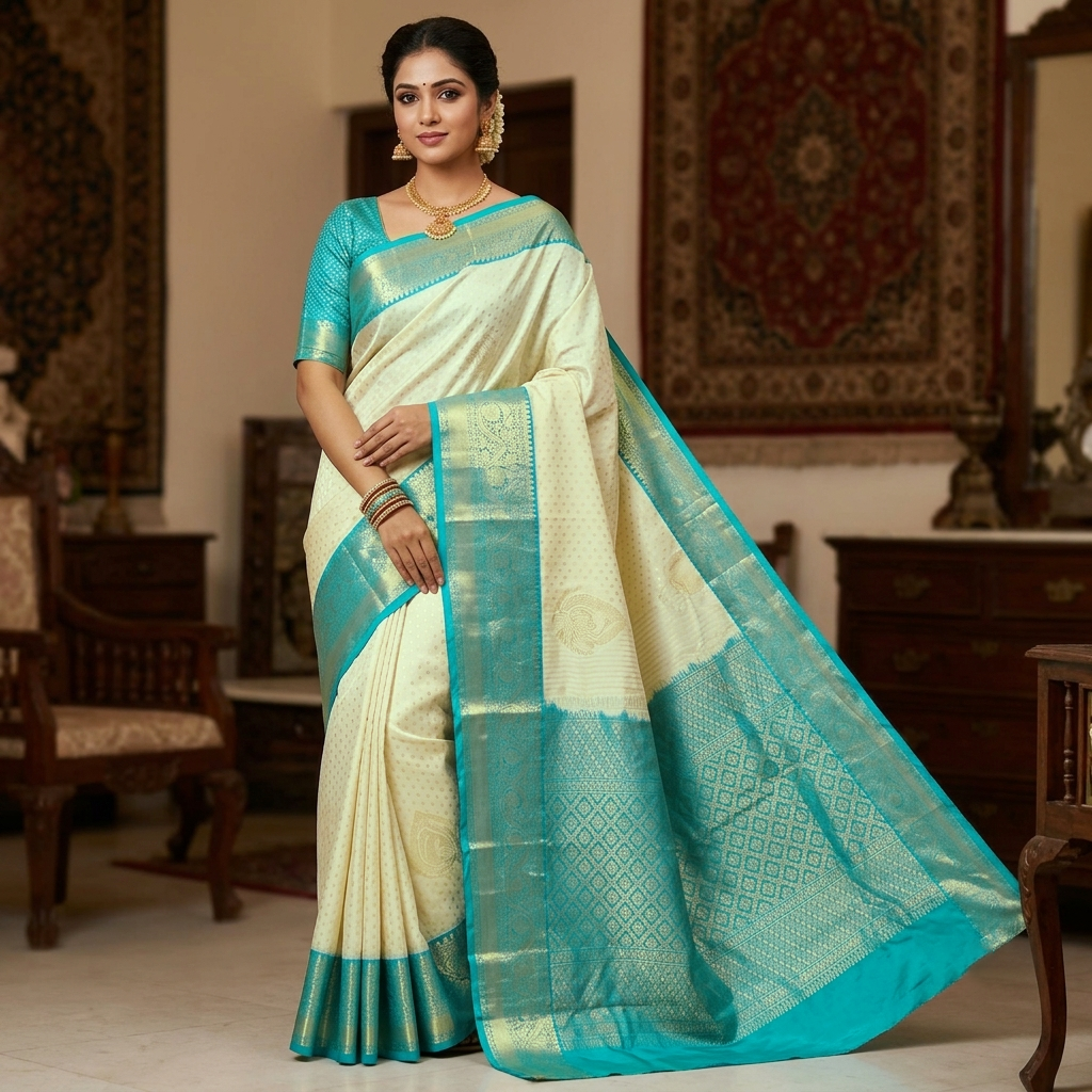 Off white with Blue Vairasoosi Soft Silk Saree