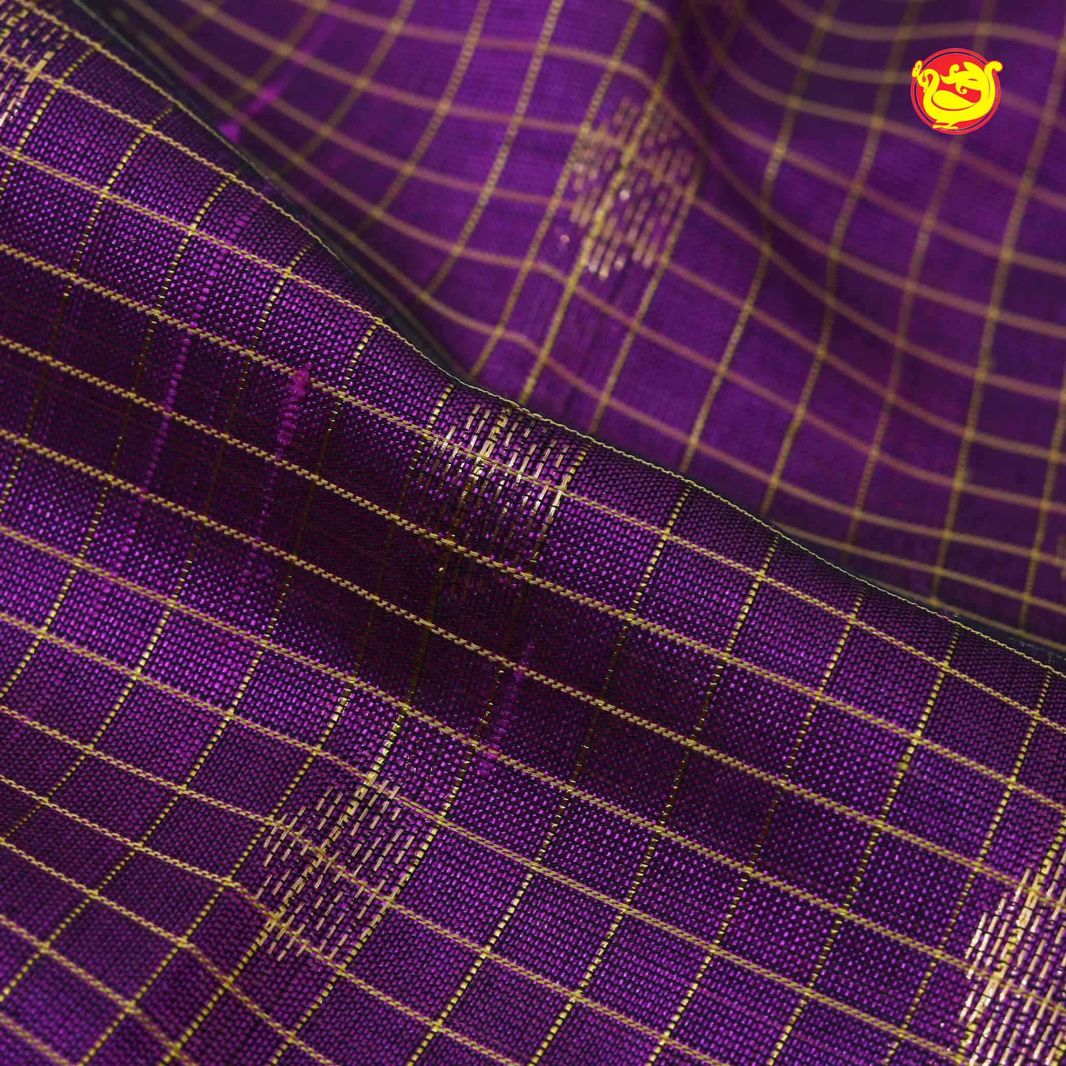 Dark Magenta and Lemon Yellow With Gold Zari Checked Floral Buttas Pure Silk Cotton Saree - Thenianantham