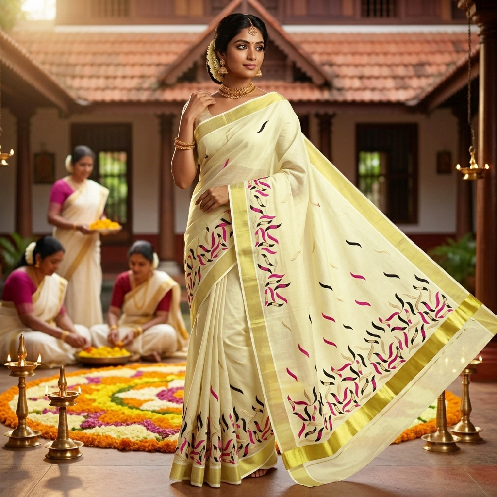 Off White With Gold Ribbon Leaf Embroidery Floral traditional kerala onam saree