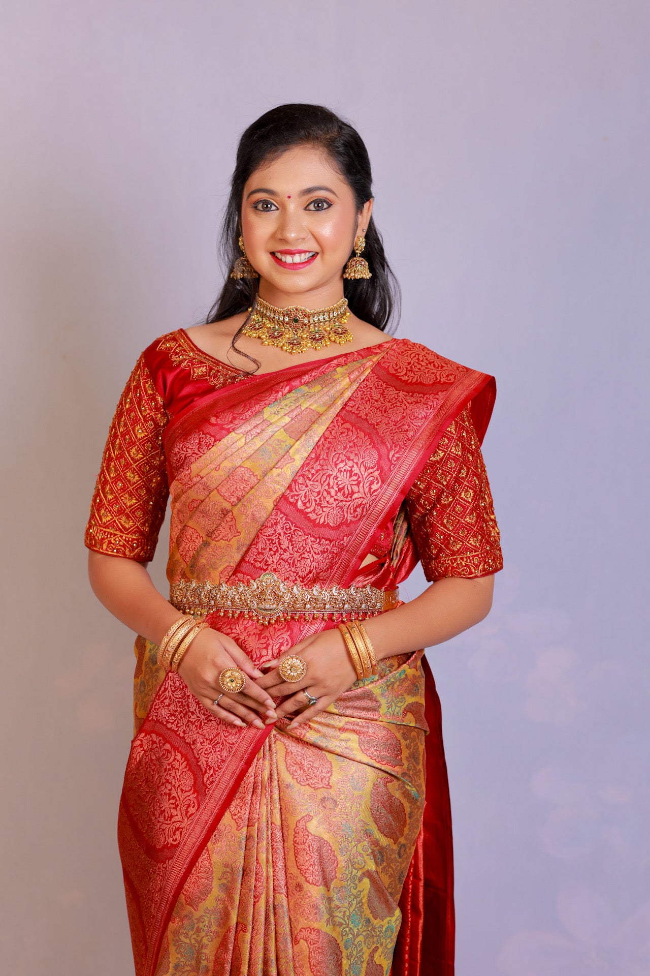 Golden green with dark red wedding silk saree