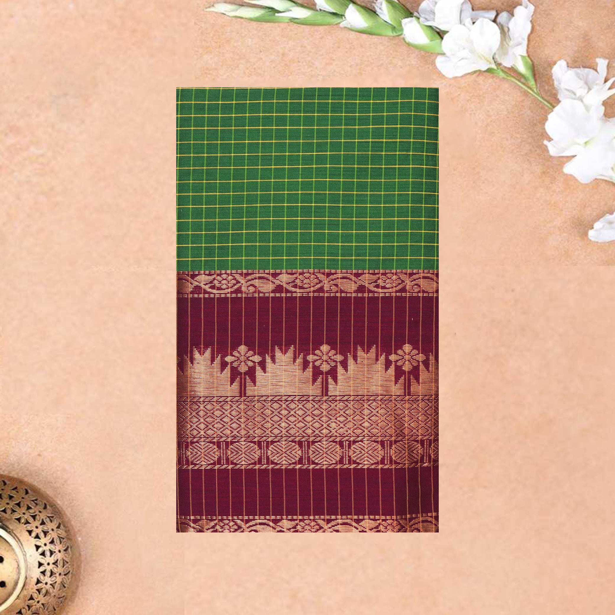 Green With Brown Premium Quality Kalyani Cotton Saree