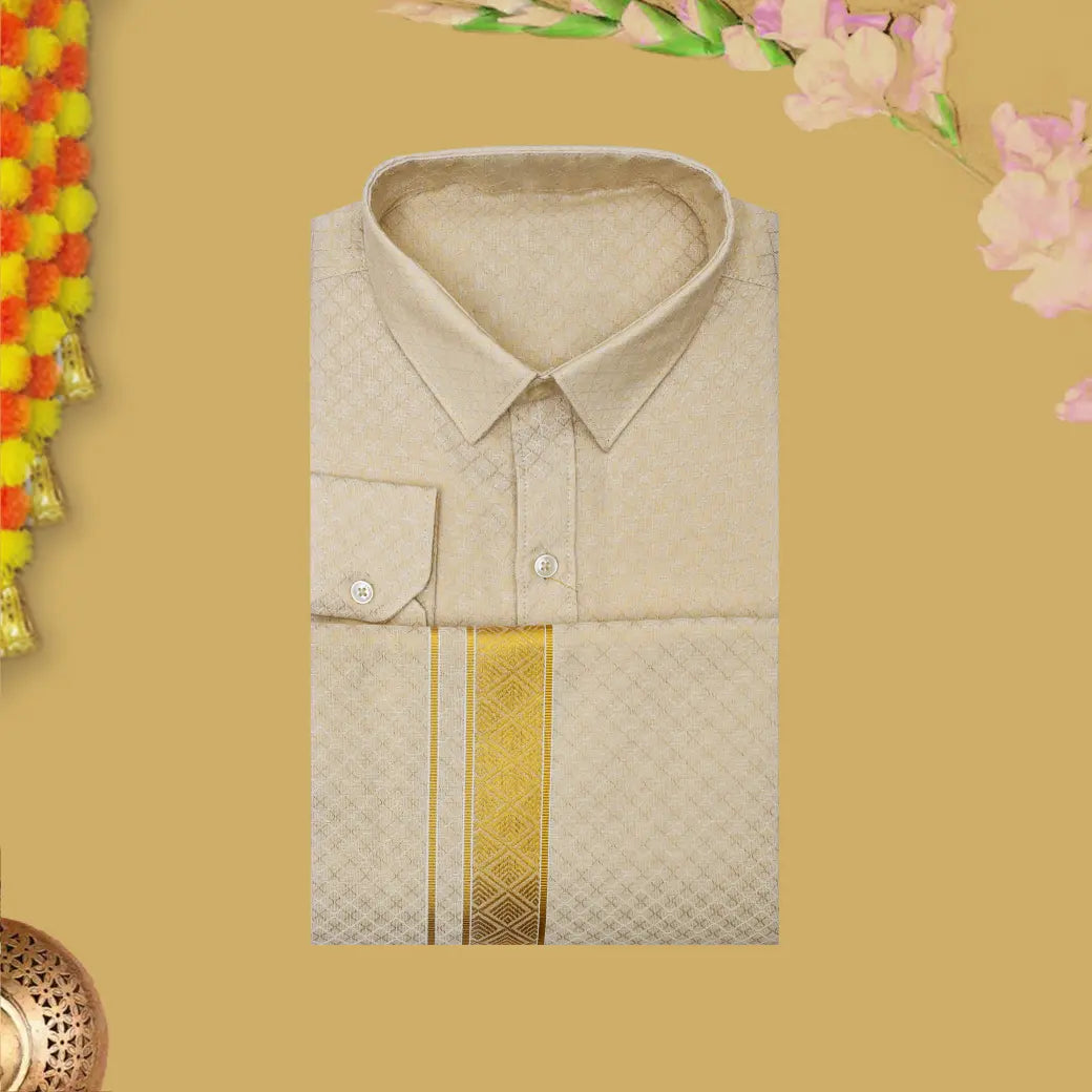 Off Gold  Traditional Ethnic wear Cotton Readymade Shirt and Singel  Border Dhoti Set For Men
