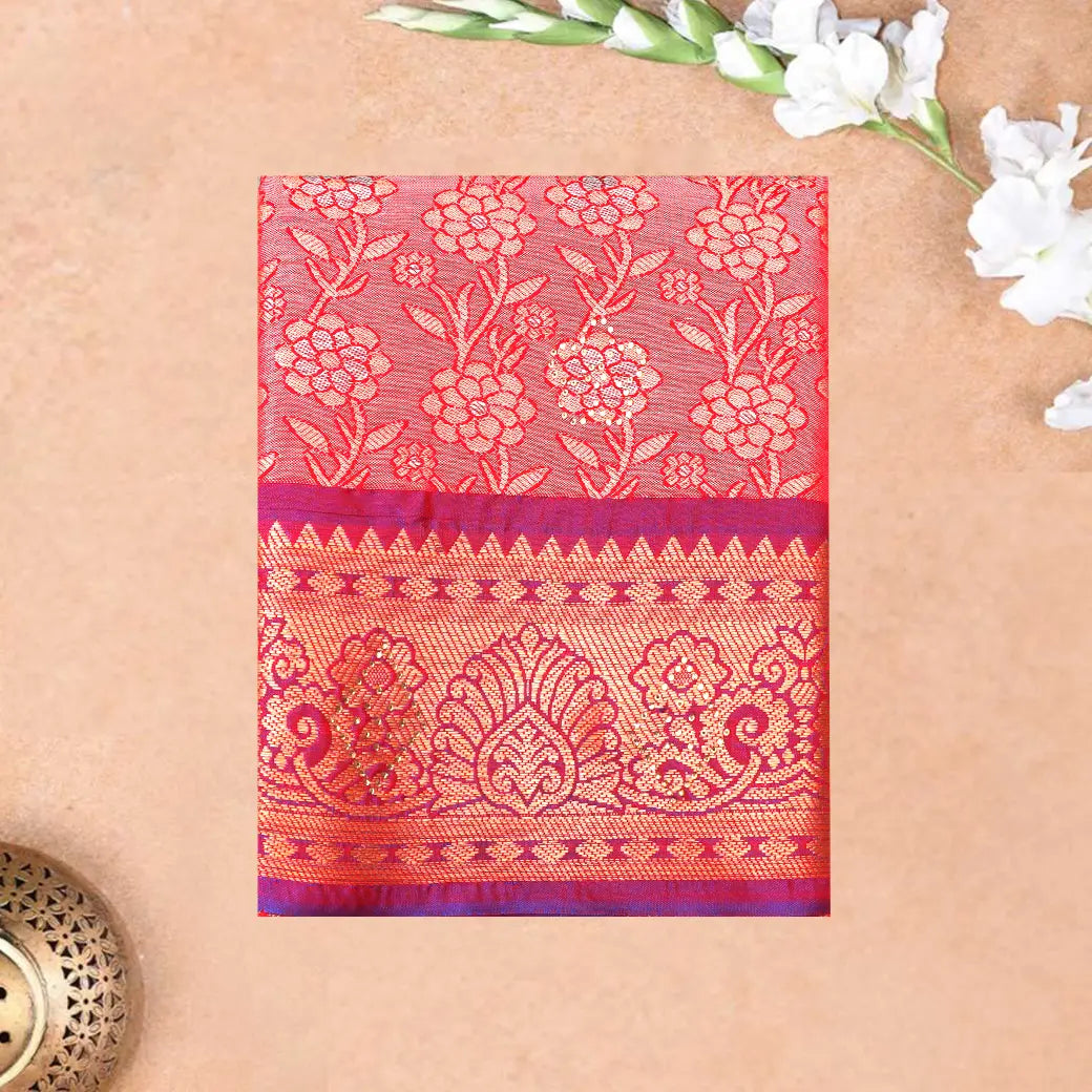 Peach Pink With Purple Border Floral Design Traditional  Pattu Pavadai Material