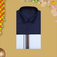Dark Blue With White Readymade Shirt And Matching Border Dhoti Set for Men