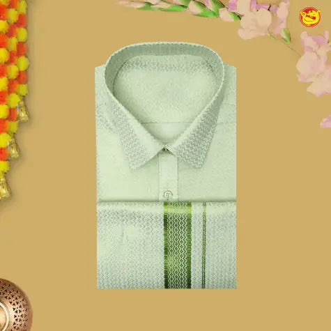 Pista Green Colour Readymade Shirt And Matching Border Dhoti Set for Men