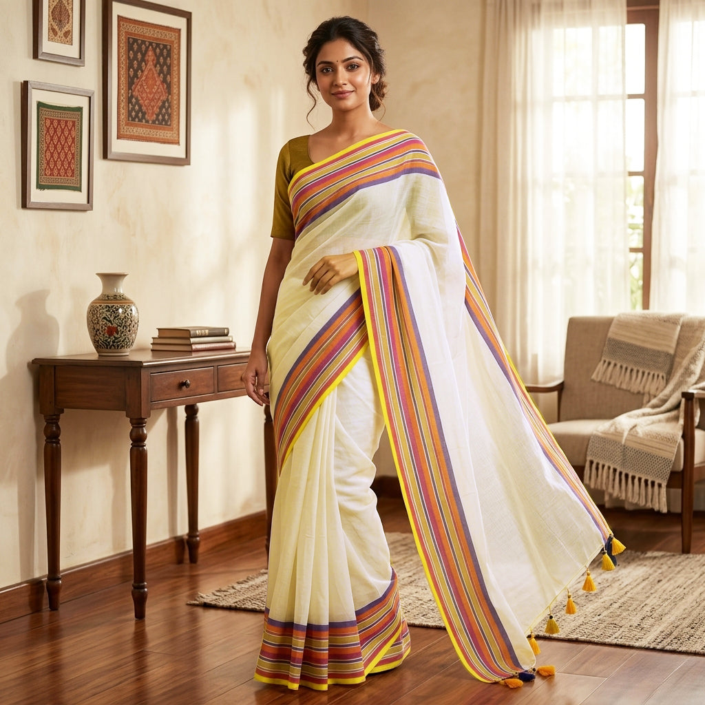 Off White With Multi Colour  Mul Mul Cotton Saree