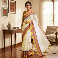 Off White With Multi Colour  Mul Mul Cotton Saree