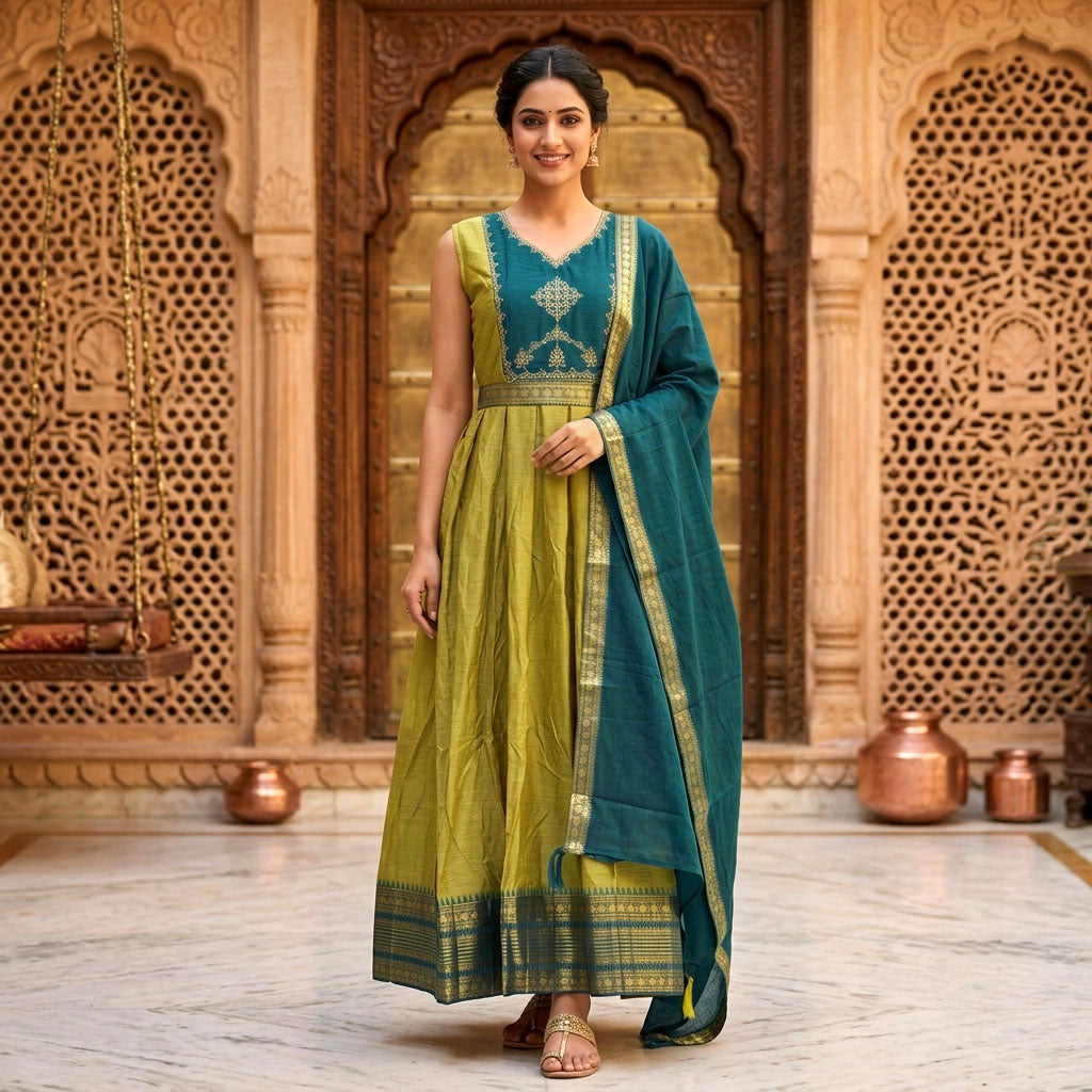 Olive Green With Peacock Blue Trendy Ladies Ethnic Gowns