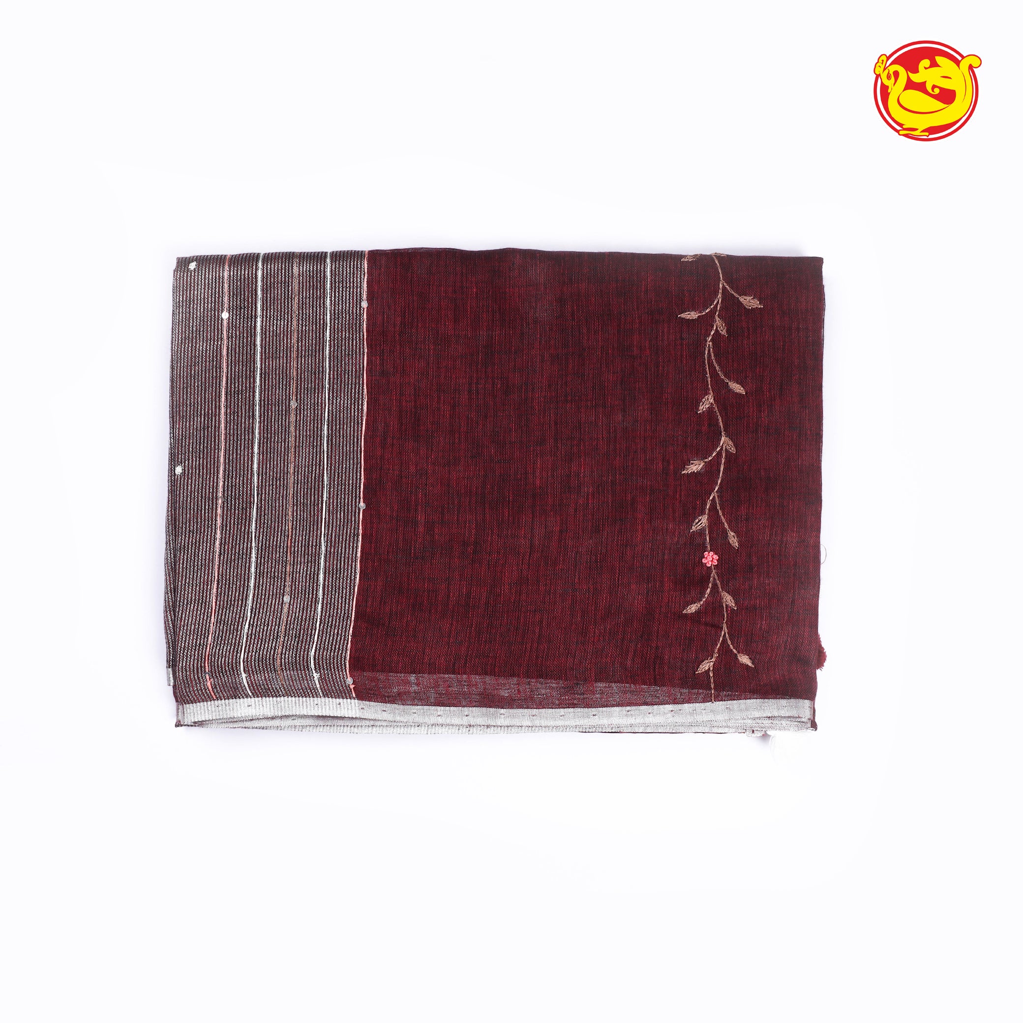Maroon pure linen saree with hand embroidery