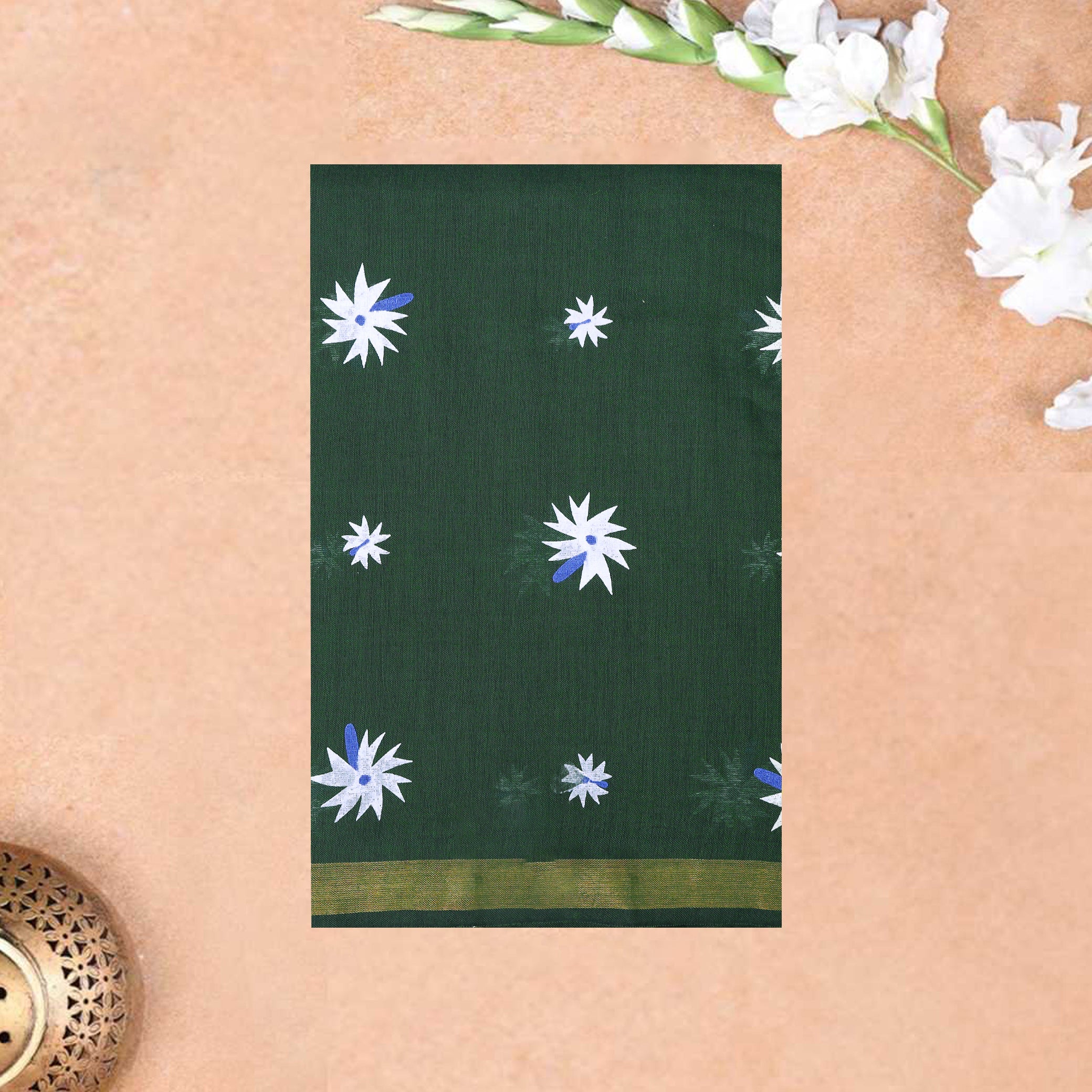 Dark Green Linen Cotton Saree with Contrast Blouse