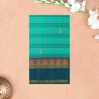 Teal Green Small Checked Pattern Pure Cotton Saree without Blous
