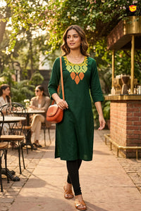 Bottel Green With Floral Design Ladies Readymade Straight Cut Top