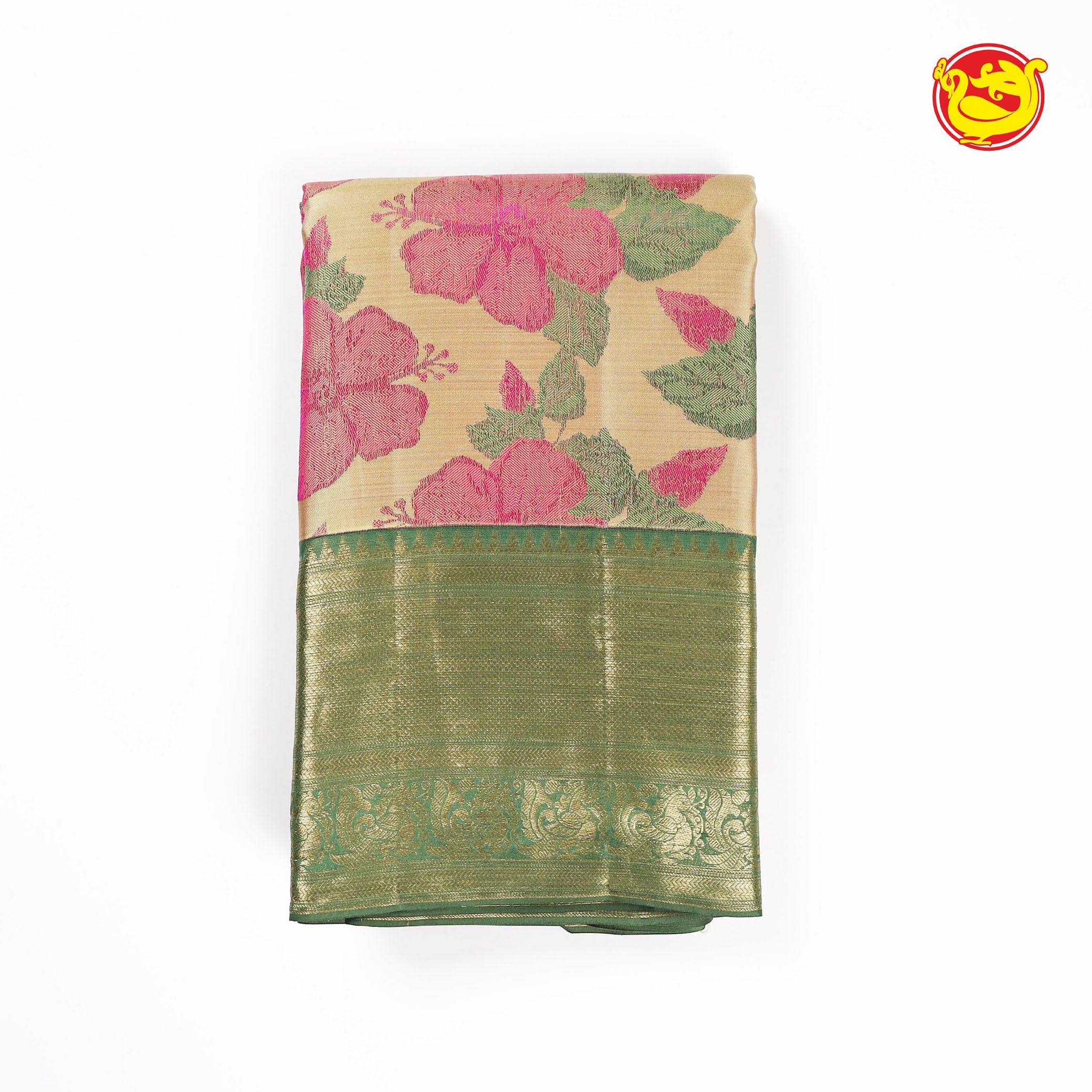 Gold colour with green pallu pure silk saree with woven floral designs