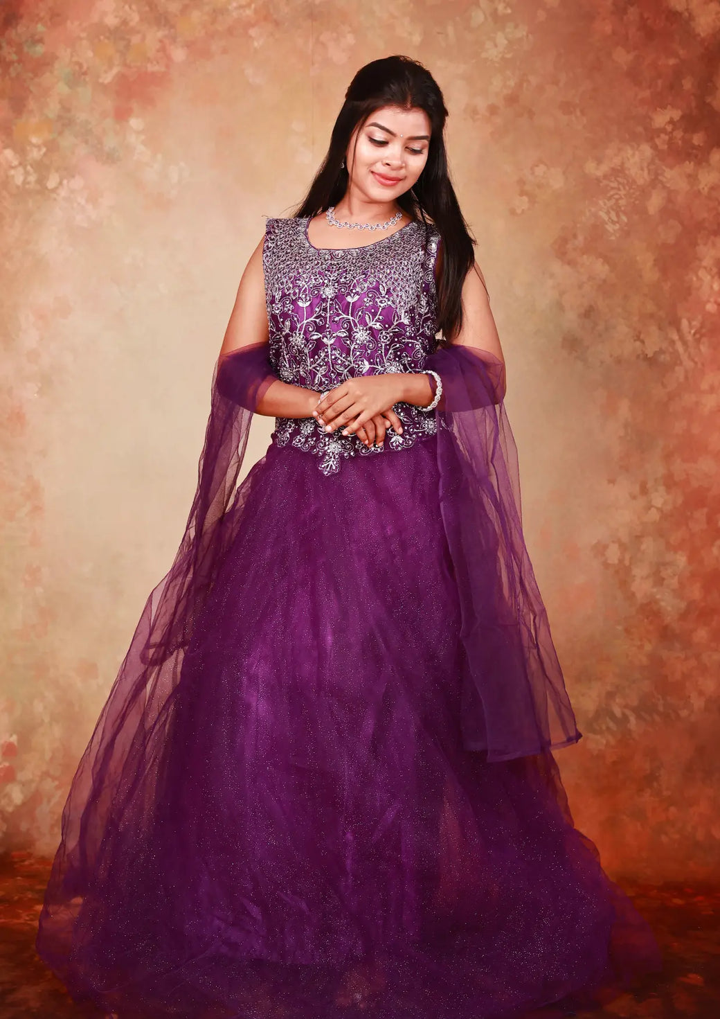 Purple With  Floral Design ladies Branded Readymade Gown