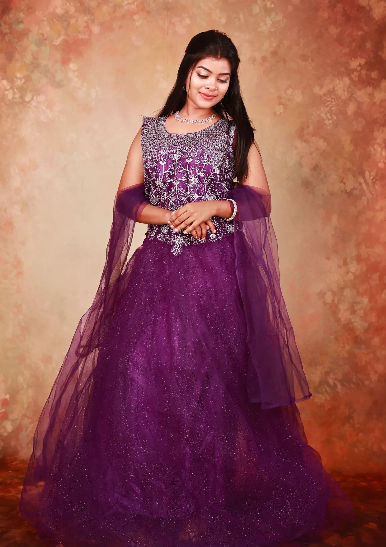 Purple With  Floral Design ladies Branded Readymade Gown