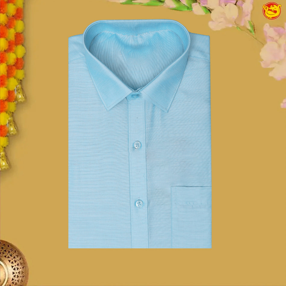 Sky Blue With White Dhoti Readymade Shirt And Matching Border Dhoti Set for Men