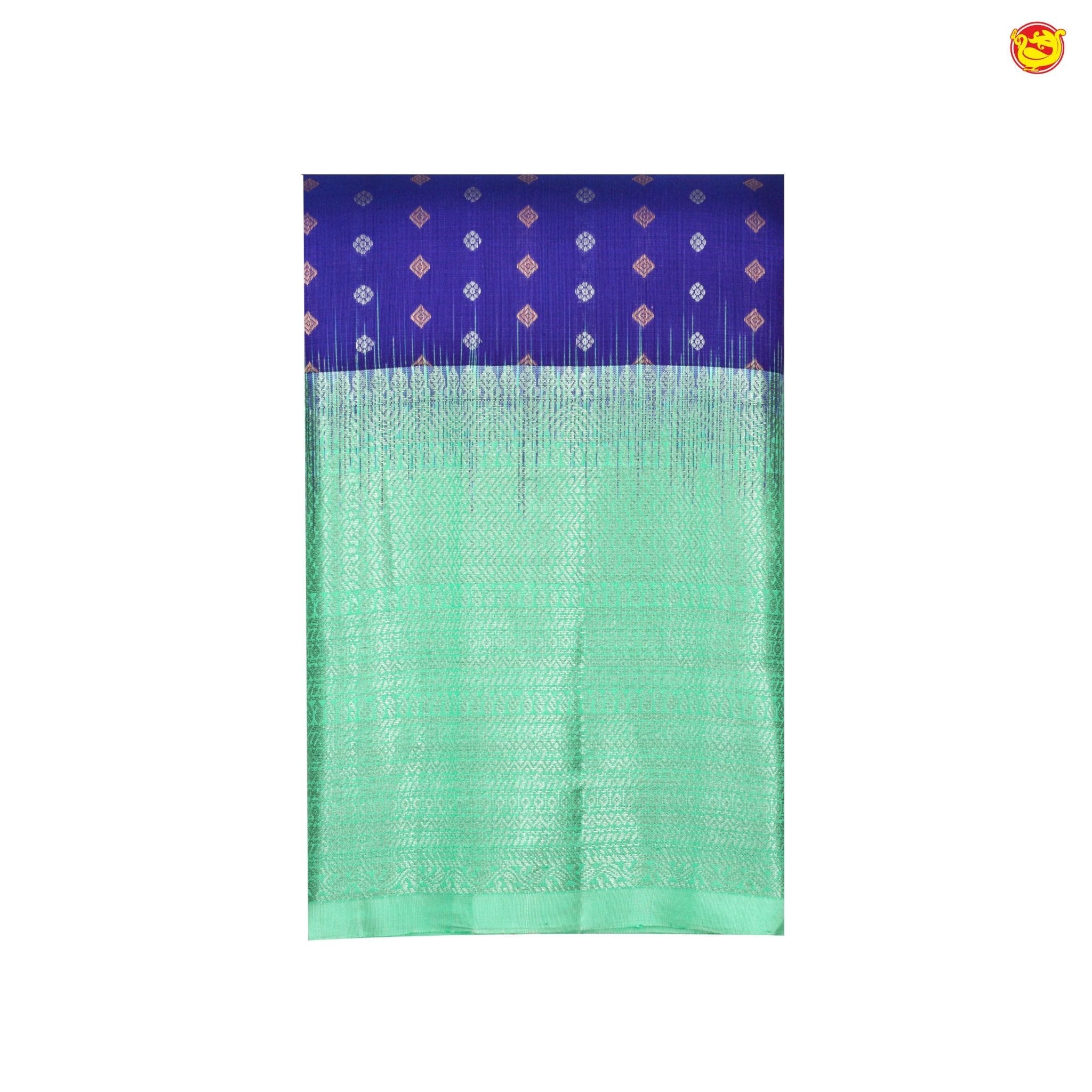 Blue With Pista Green Gold And Silver Floral Buttas Motifs and Stripes Silver Zari Border Yuvana Pure Soft Silk Saree - Thenianantham