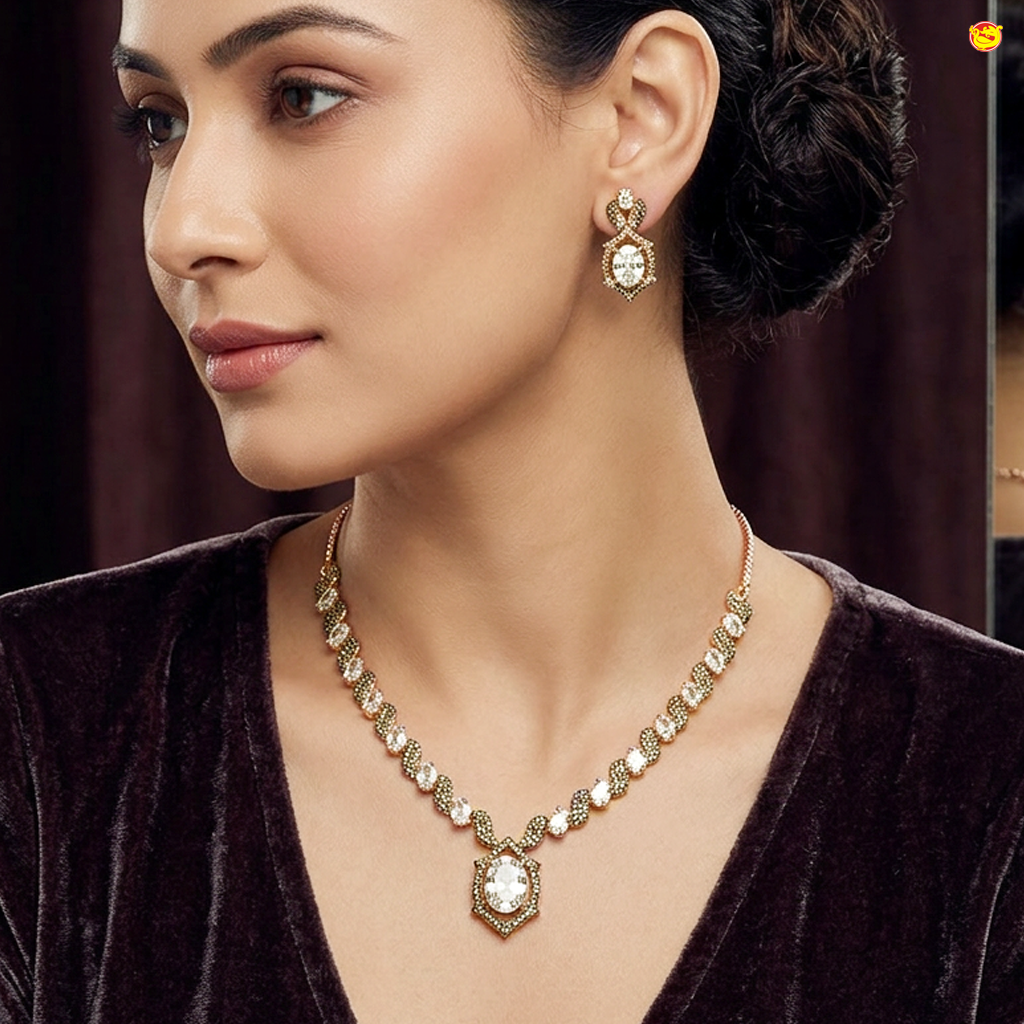 Elegant Silver With Gold  Necklace American Diamonds matching earrings Set