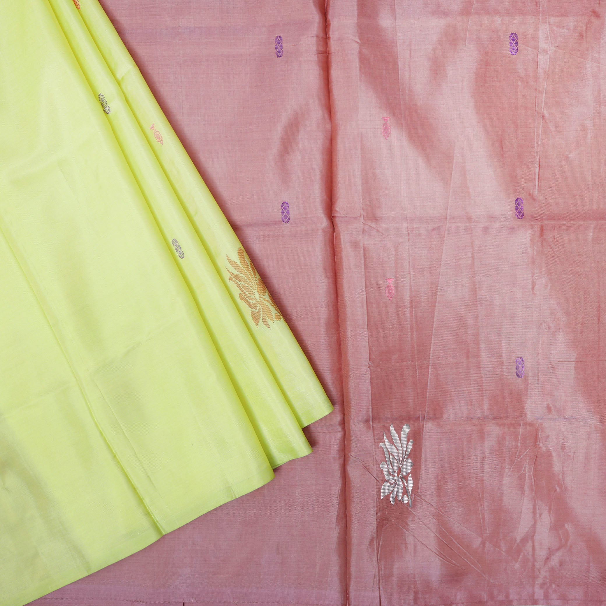 Pale Green With Salmon  Pallu Banana Pith Saree With Running Blouse