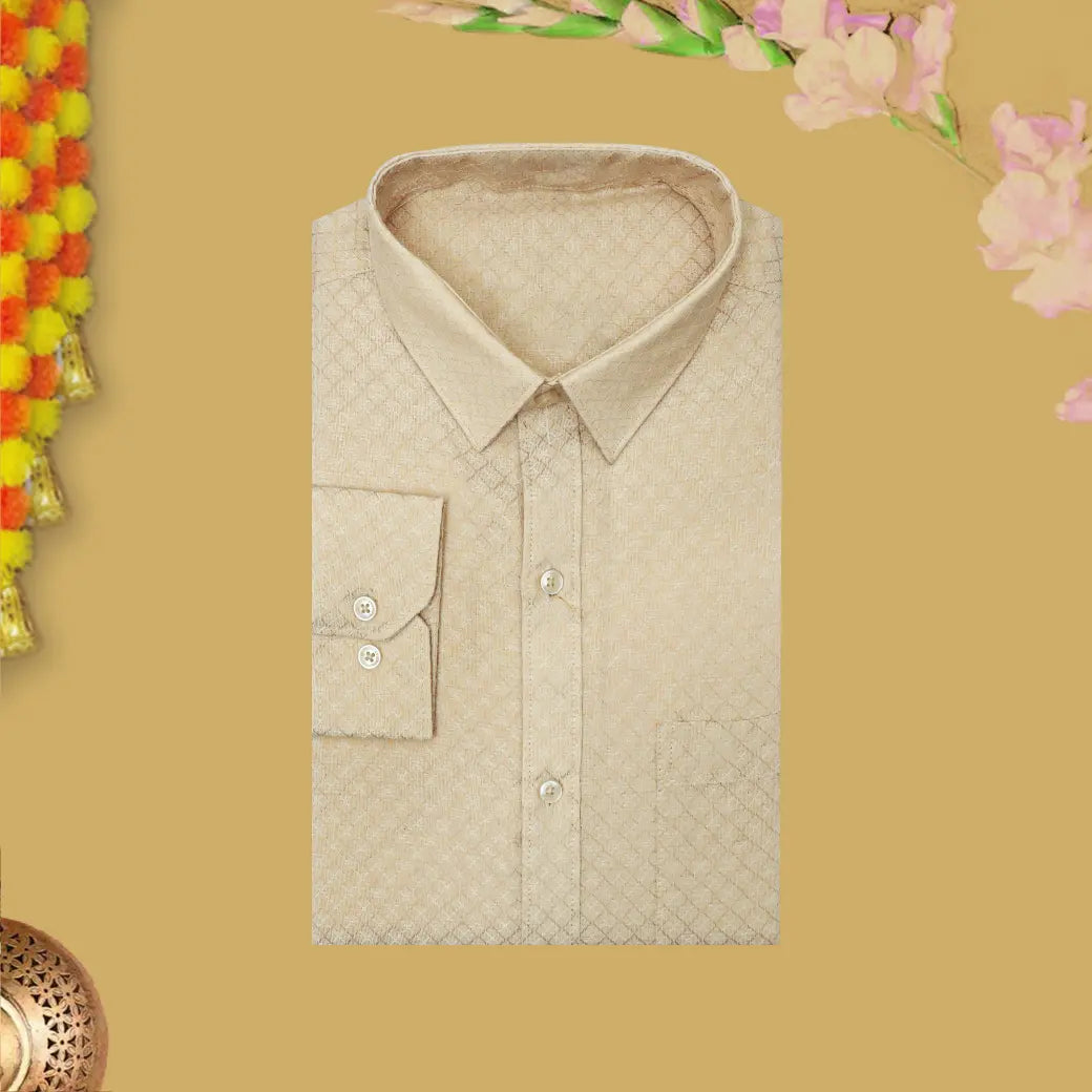 Off Gold  Traditional Ethnic wear Cotton Readymade Shirt and Singel  Border Dhoti Set For Men