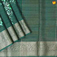 Unique Green Pure Chanderi Silk Saree with Stripes and Digital Art Floral Motifs and Gold Zari Border - Thenianantham