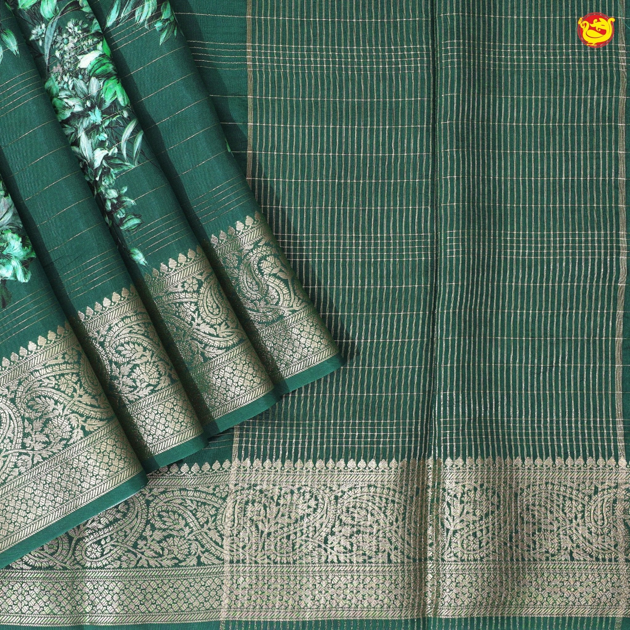 Unique Green Pure Chanderi Silk Saree with Stripes and Digital Art Floral Motifs and Gold Zari Border