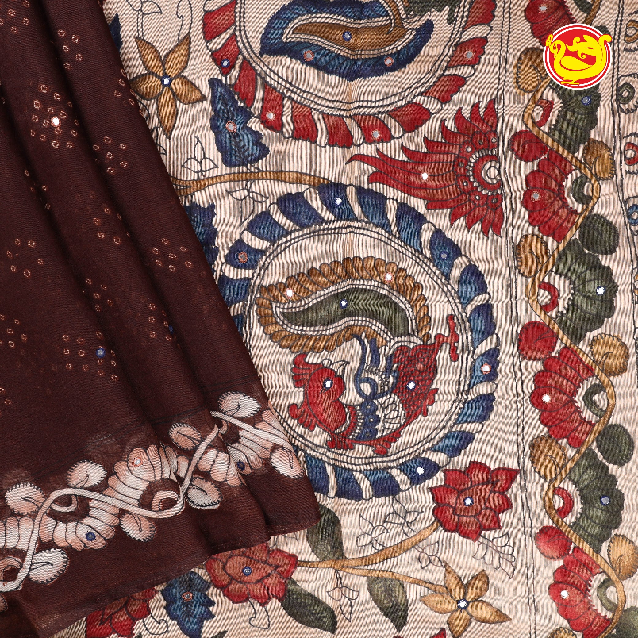 Brown semi linen saree with mirror work embroidery