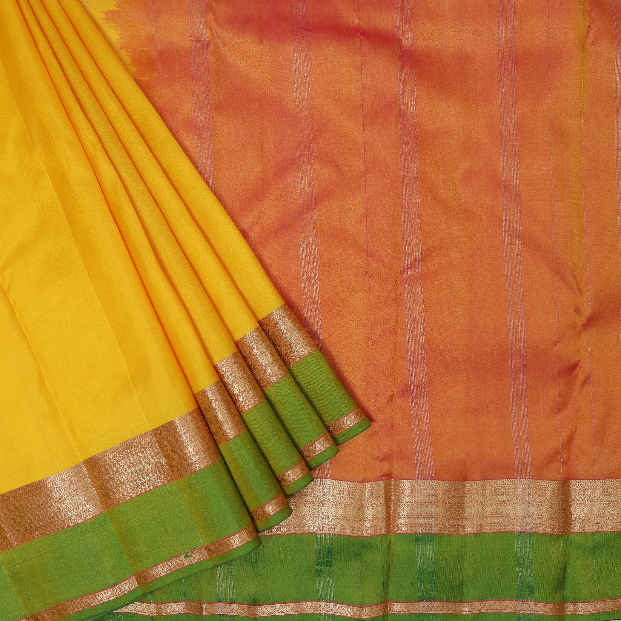 Yellow With Orange Gold Zari Yuvana Semi Soft Silk Saree