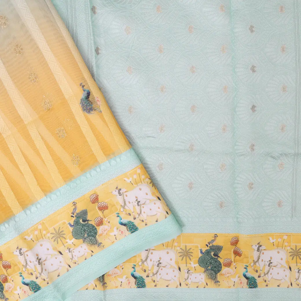 ORANGE WITH BLUE Semi Burberry Silk Saree