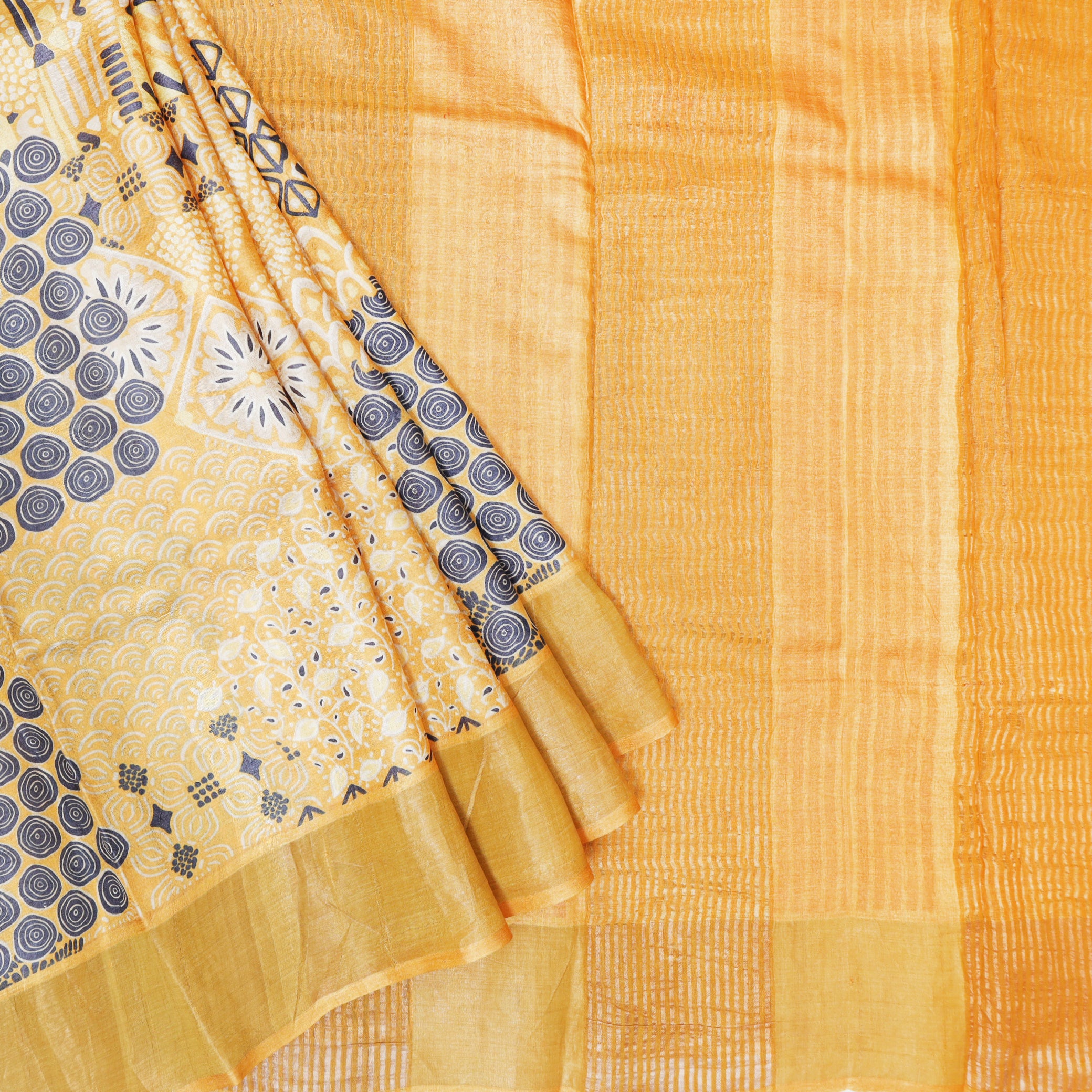 Pure Tussar Silk Saree Yellow With Floral Design and Painted Prints and Zari Woven Border