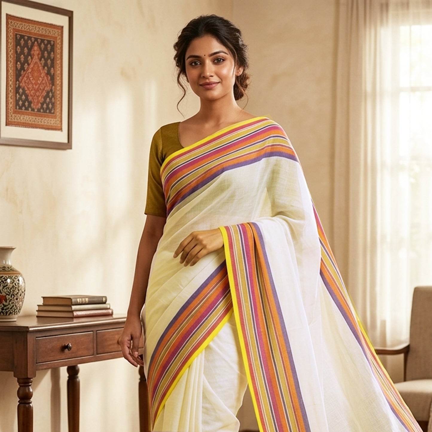 Off White With Multi Colour  Mul Mul Cotton Saree
