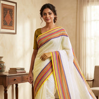 Off White With Multi Colour  Mul Mul Cotton Saree