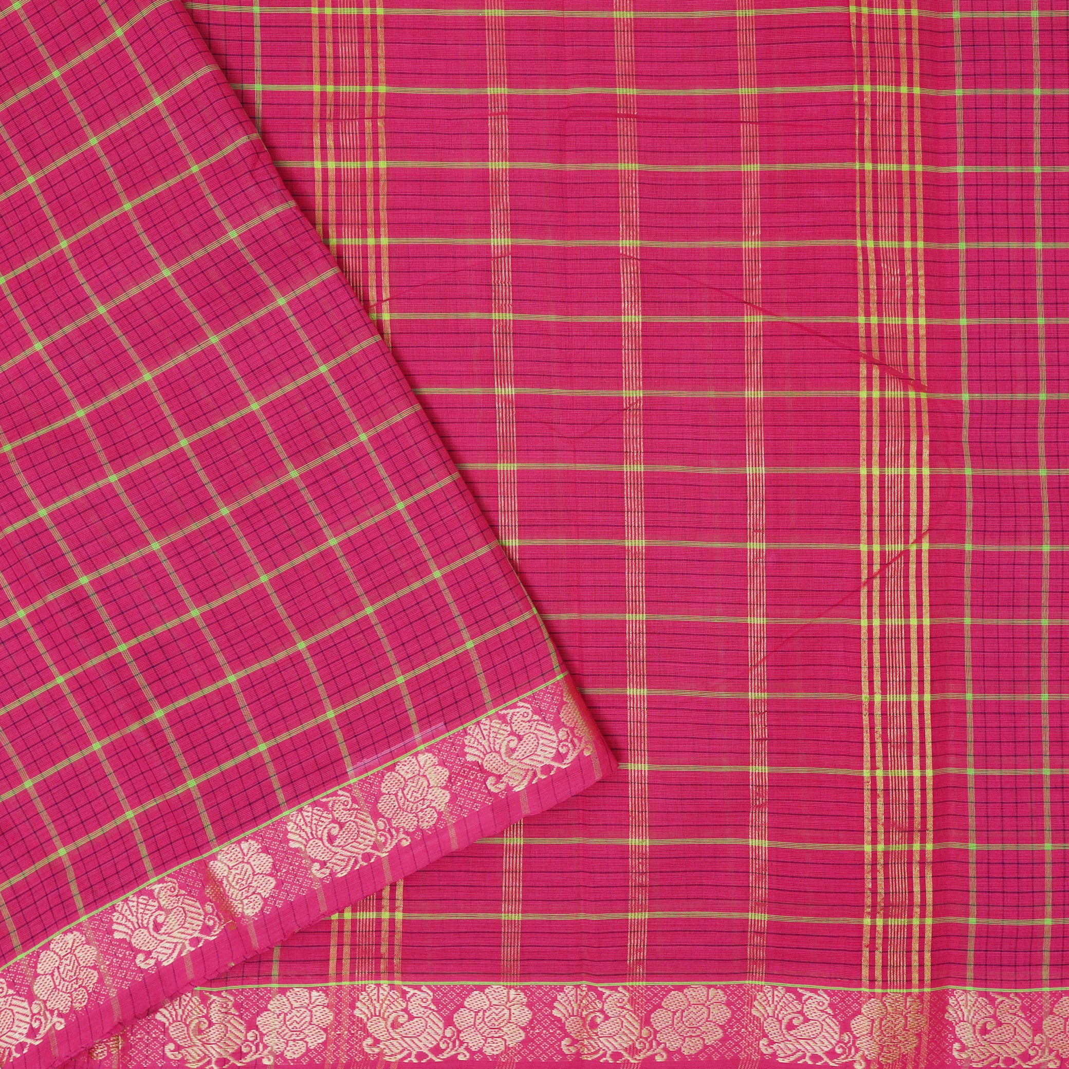 Dark Pink Small Checked Pattern Pure Chettinad Cotton Saree without Blouse