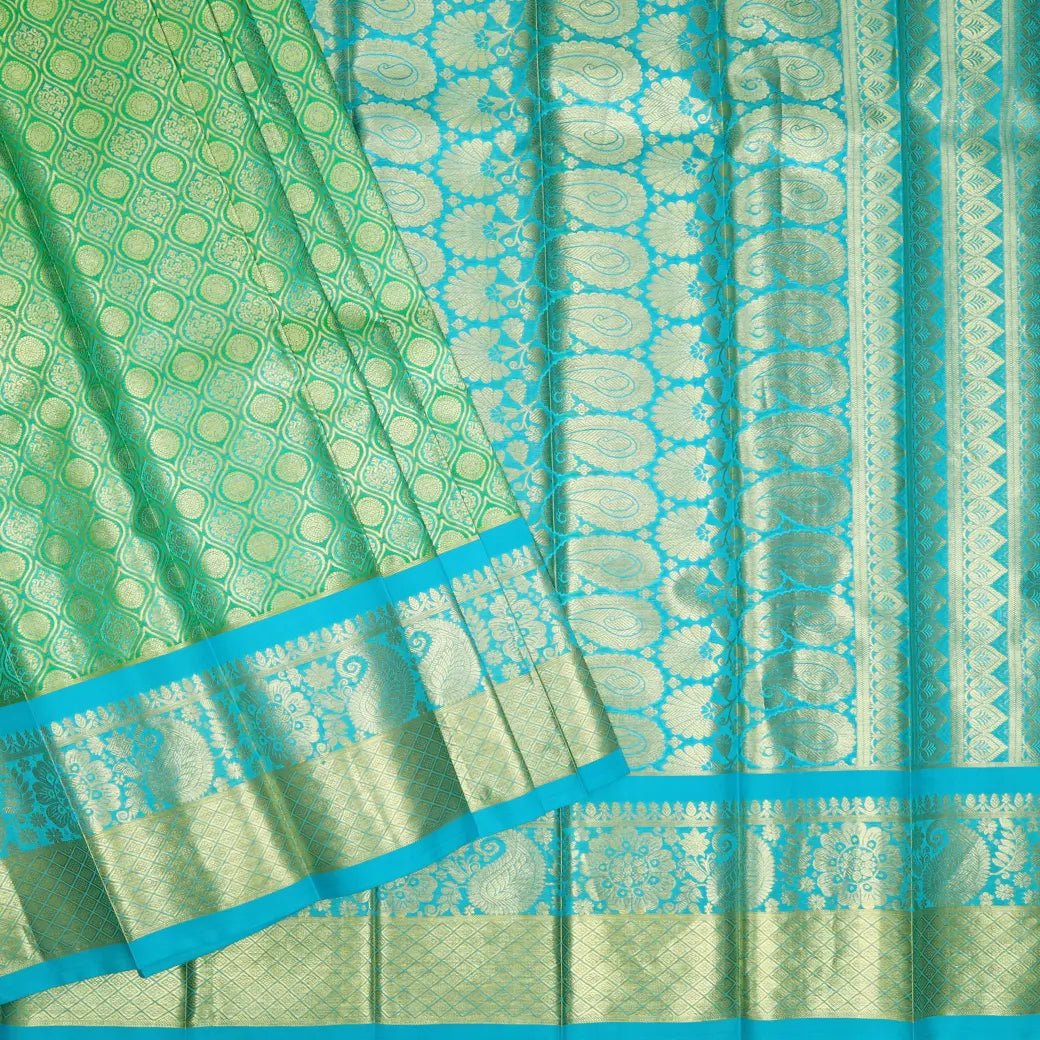 Parrot Green with Sky Blue Border Pure Thirupuvanam Wedding silk saree