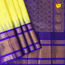 Lemon Yellow and Dark Blue With Gold Zari Floral Buttas Pure Silk Cotton Saree - Thenianantham