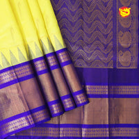 Lemon Yellow and Dark Blue With Gold Zari Floral Buttas Pure Silk Cotton Saree - Thenianantham