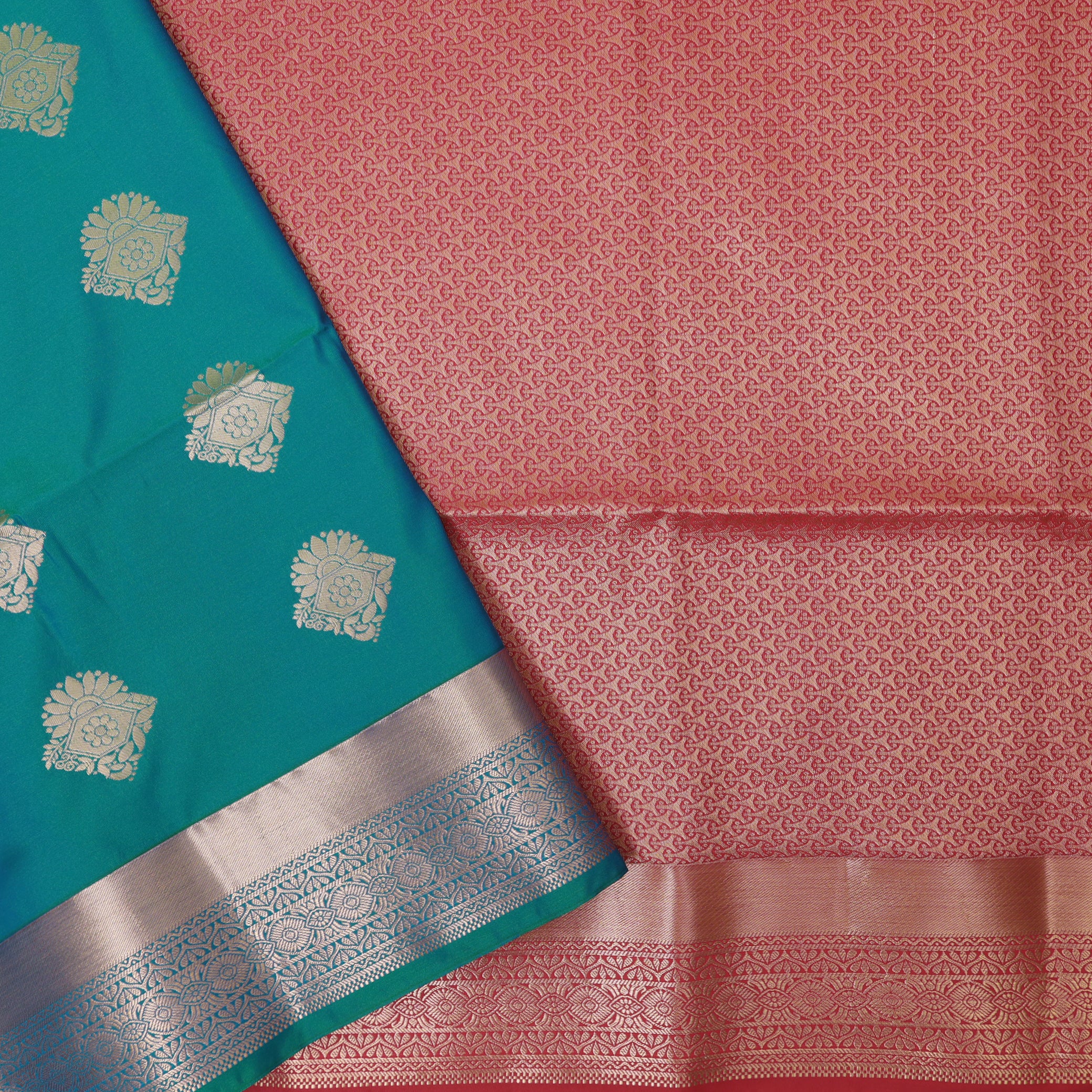 Peacock  Blue with Red Soft Silk Saree