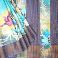 Pure Tussar Silk Saree Multi Colour With Floral Design and Painted Prints and Zari Woven Border