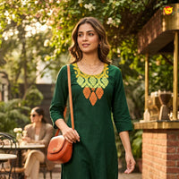 Bottel Green With Floral Design Ladies Readymade Straight Cut Top