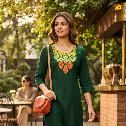 Bottel Green With Floral Design Ladies Readymade Straight Cut Top