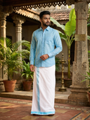 Sky Blue With White Dhoti Readymade Shirt And Matching Border Dhoti Set for Men