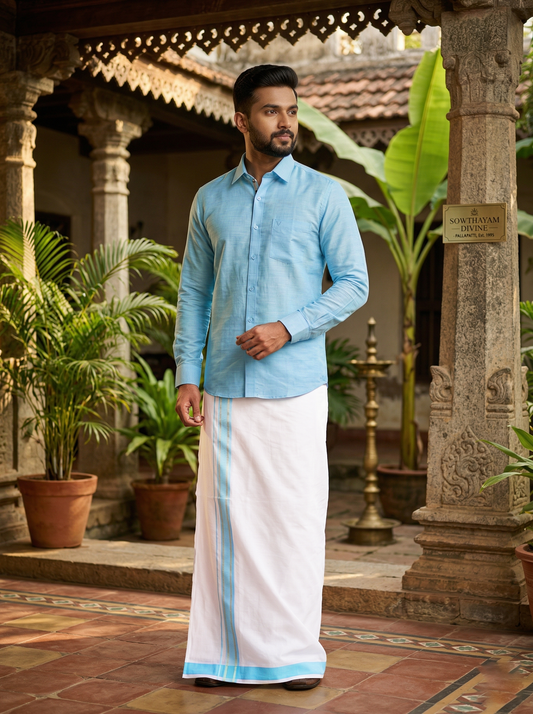 Sky Blue With White Dhoti Readymade Shirt And Matching Border Dhoti Set for Men