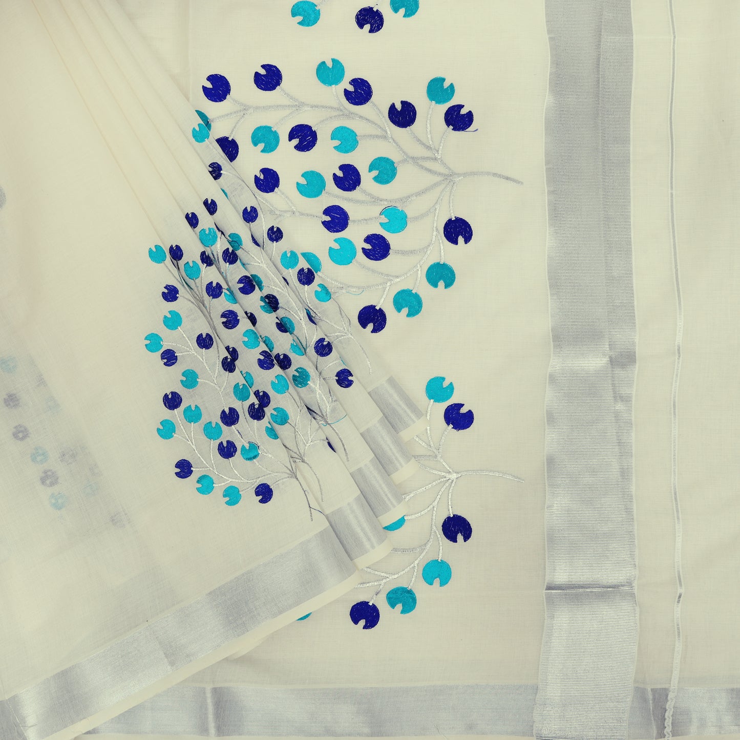 Off White With Skyblue and blue Thread Embroidery  traditional kerala onam saree